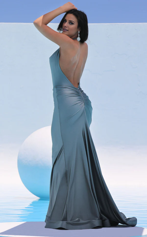 Mermaid halterneck backless satin floor-length evening dress