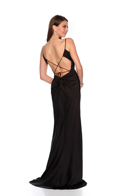 Asymmetric neckline spaghetti straps side slit floor length evening gown