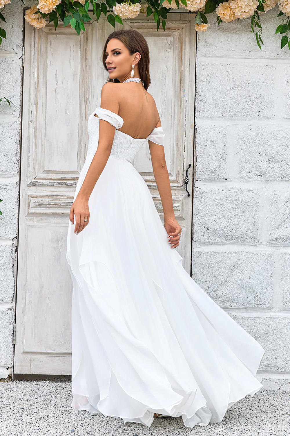 A-line lace shoulder sweeping trailing chiffon wedding dress