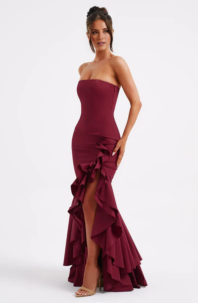 Strapless backless side split ruffle edge and floor length Prom dress