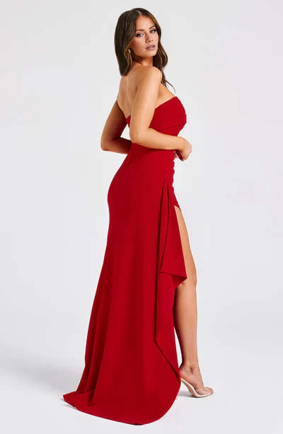 Strapless collar crepe side slit and floor length Prom dress