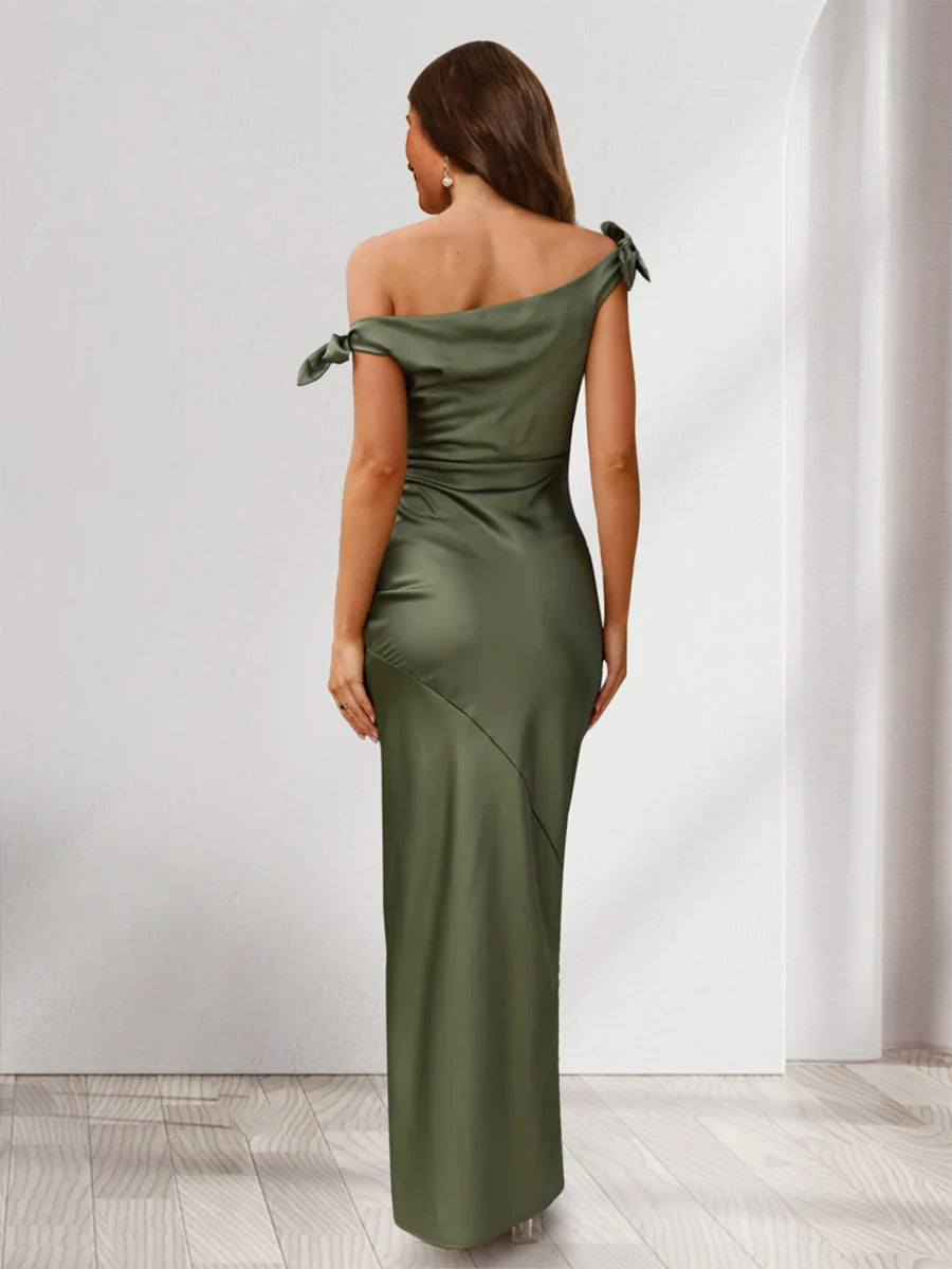 Tight fitting/column off shoulder sleeveless pleated and floor length godons even dresses