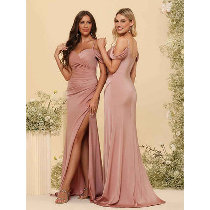 Sheath/Column Off-The-Shoulder Spaghetti Straps Long Formal Dresses With Split Side