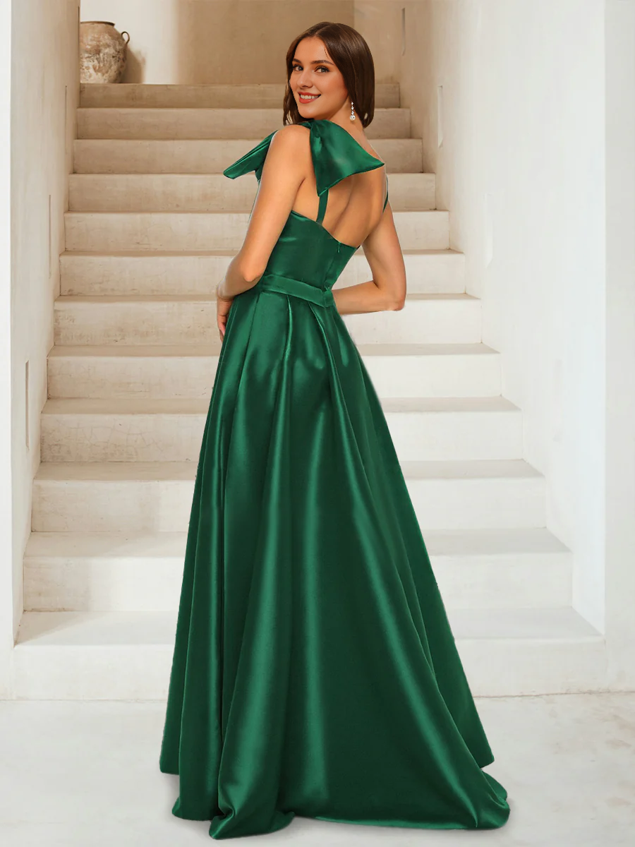 A-line/princess shoulder slit and floor length evening gown