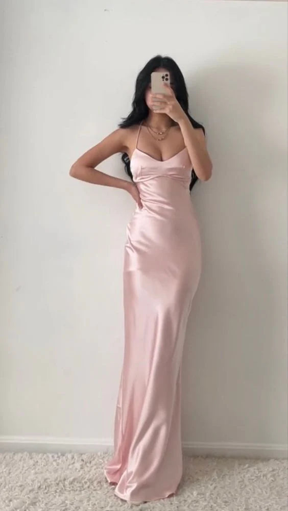 Hanging neck pink ball gown tight satin gown evening dresses