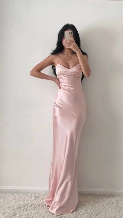 Hanging neck pink ball gown tight satin gown evening dresses