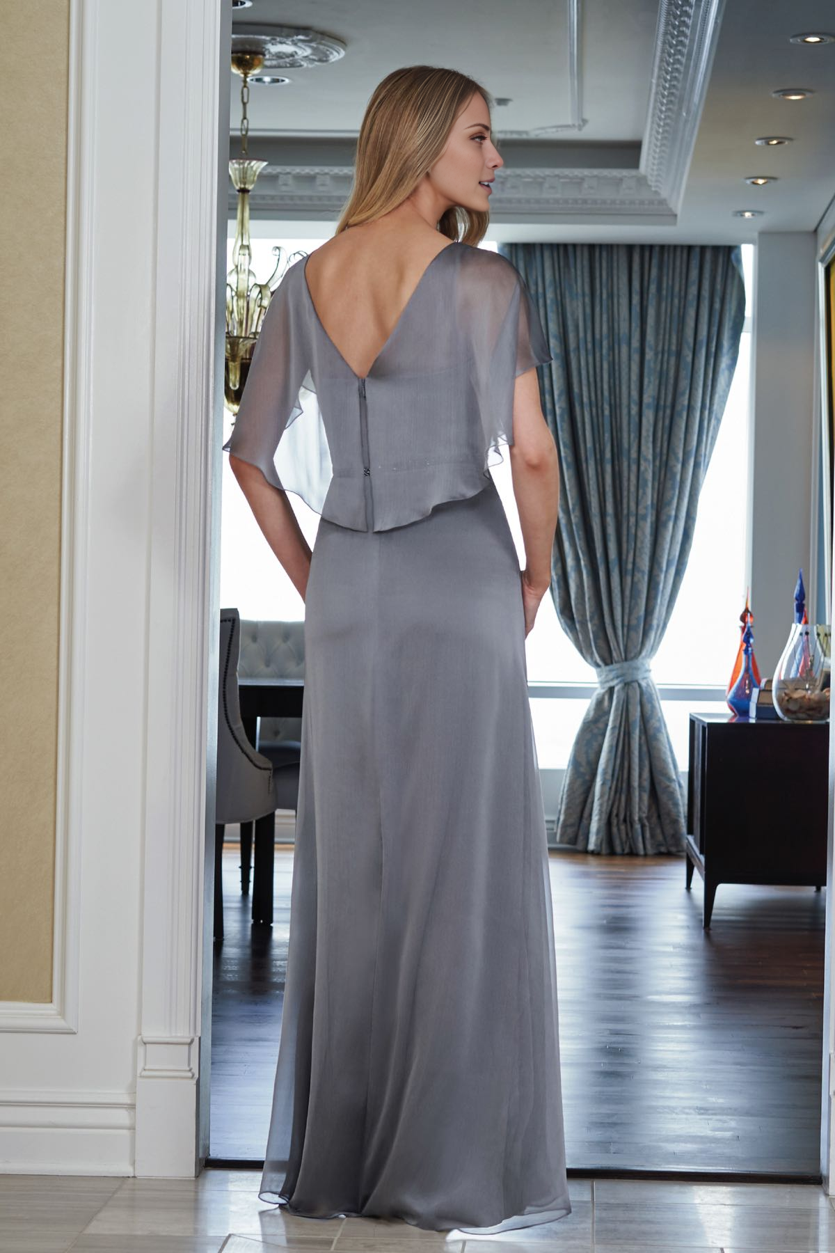 A-line square neck chiffon bead belt and floor length mother of bride dress