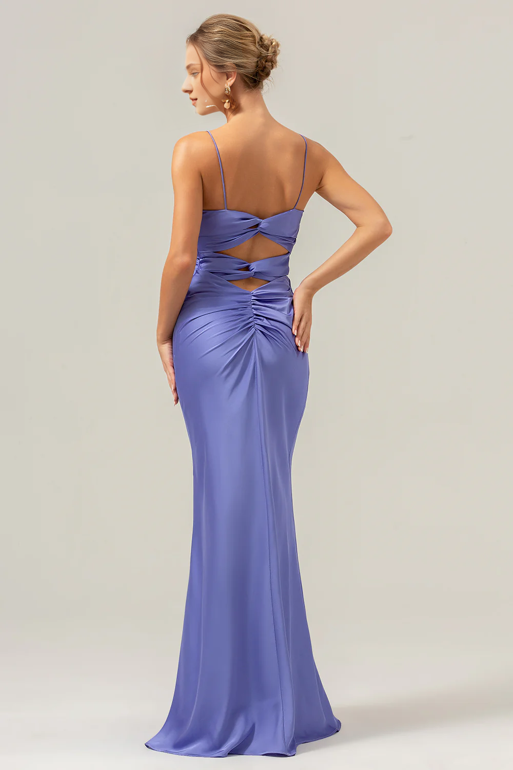 Purple mermaid thin shoulder strap front pleated long bridesmaid dress