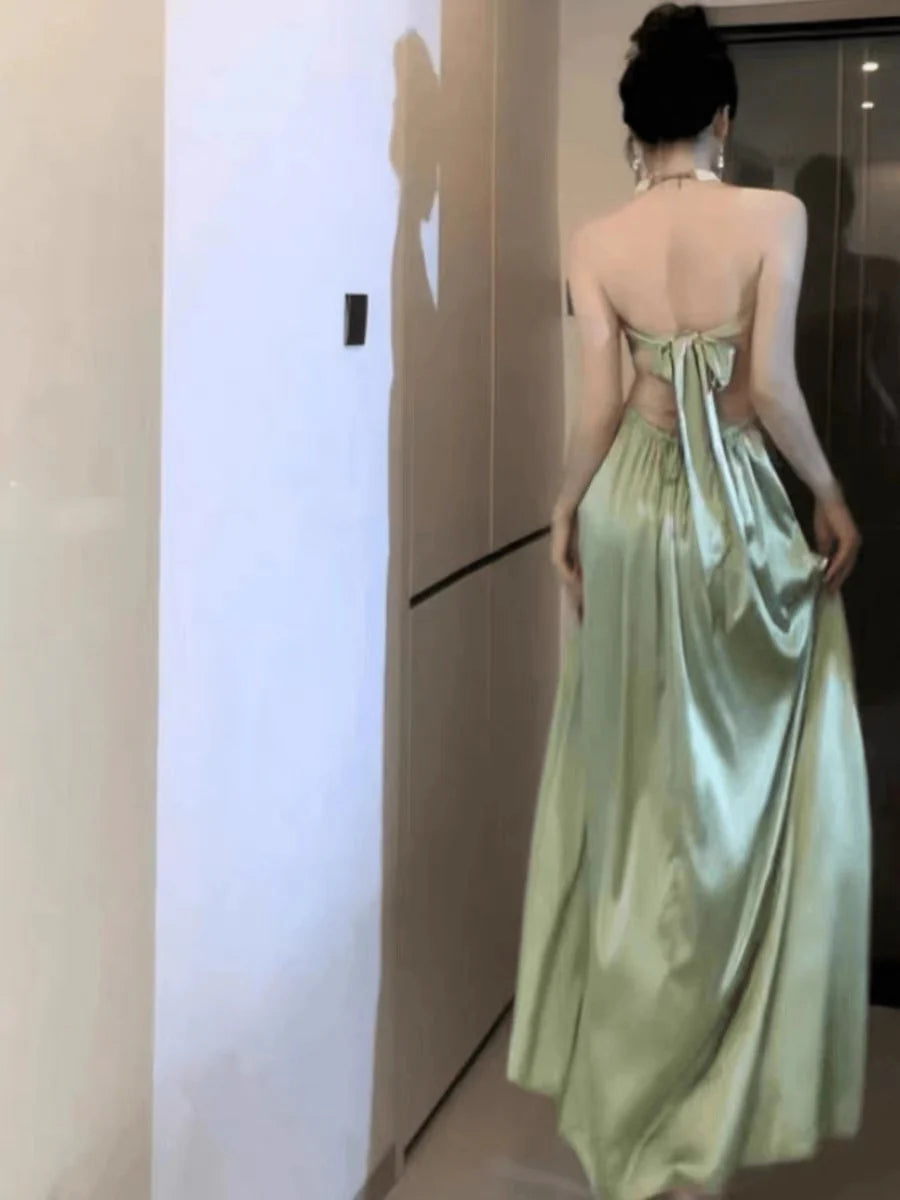 Strapless A-line green satin long gown evening dresses