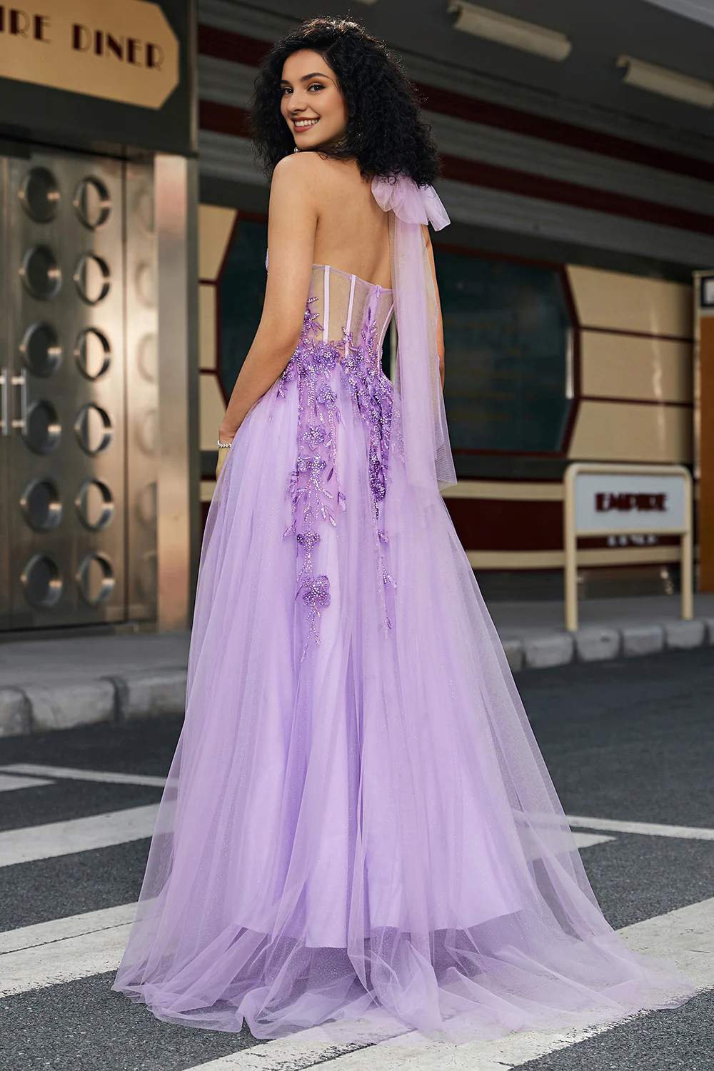 Gorgeous gray purple A-line hanging neck tight corset ball dress