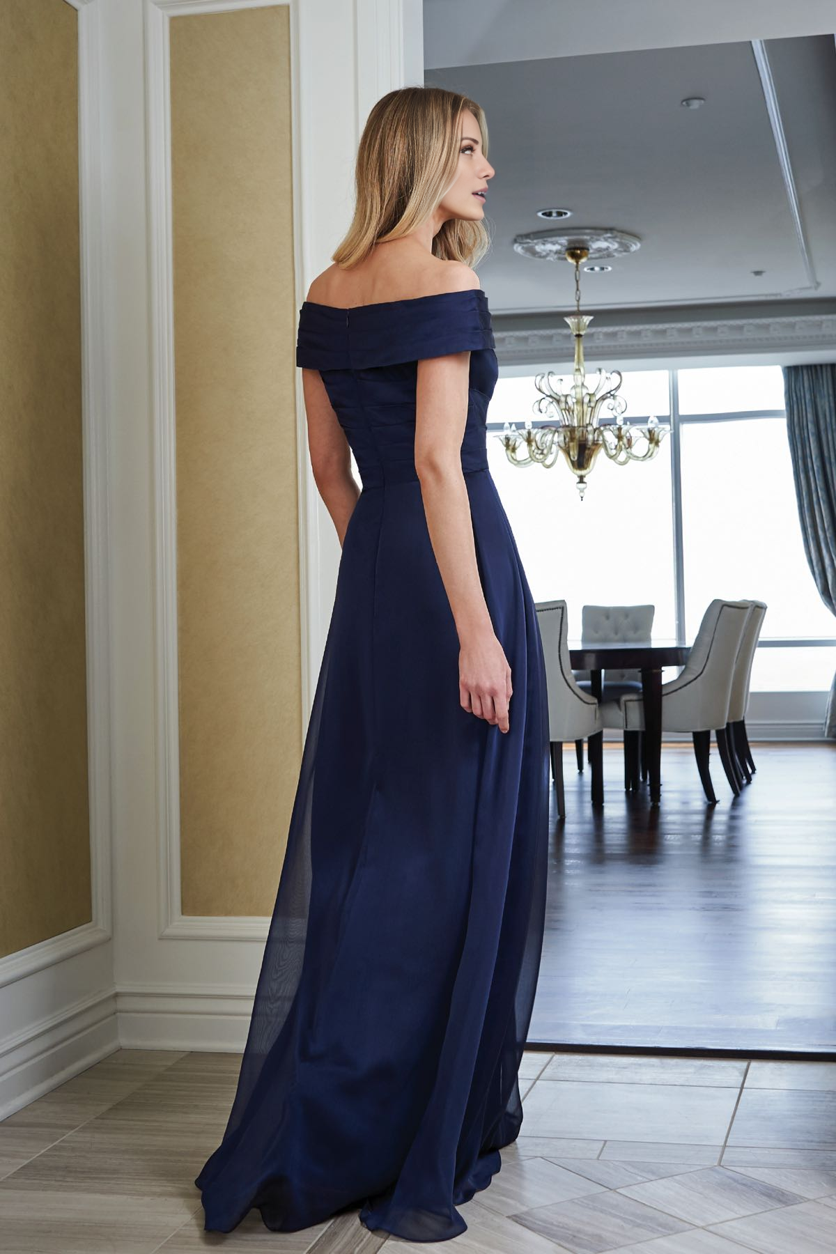 A-line off shoulder collar chiffon and floor length mother of bride dress