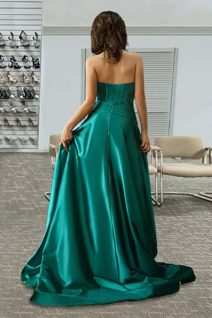 Deep green slit strapless side slit and floor length evening gown