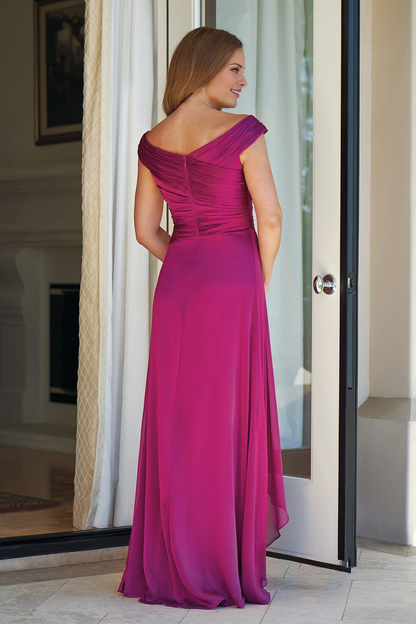 A-line off shoulder collar, pleated backless and floor length mother of bride dress