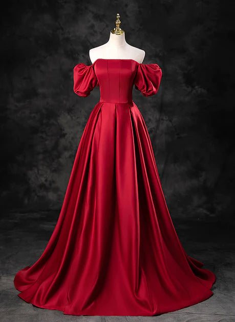 Elegant red satin A-line short sleeved long ball dress, red square neck fluffy short sleeved long dress evening dress