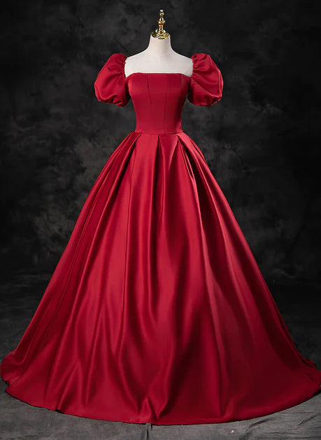 Elegant red satin A-line short sleeved long ball dress, red square neck fluffy short sleeved long dress evening dress