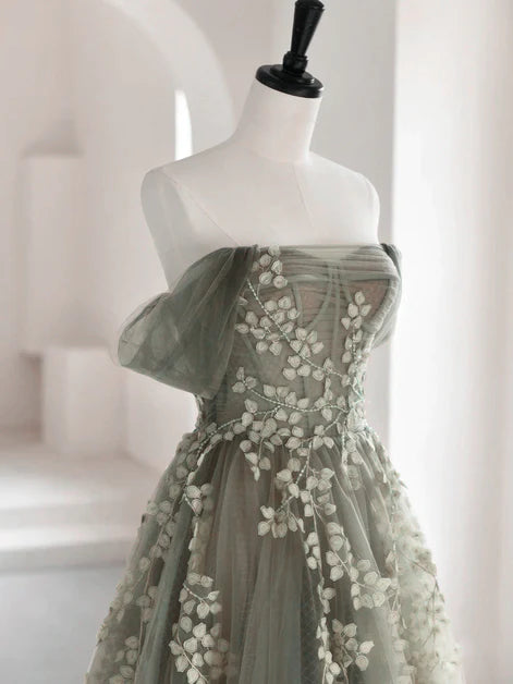 Romantic light green A-line backless long party dress, sheer off shoulder sleeveless princess evening dress