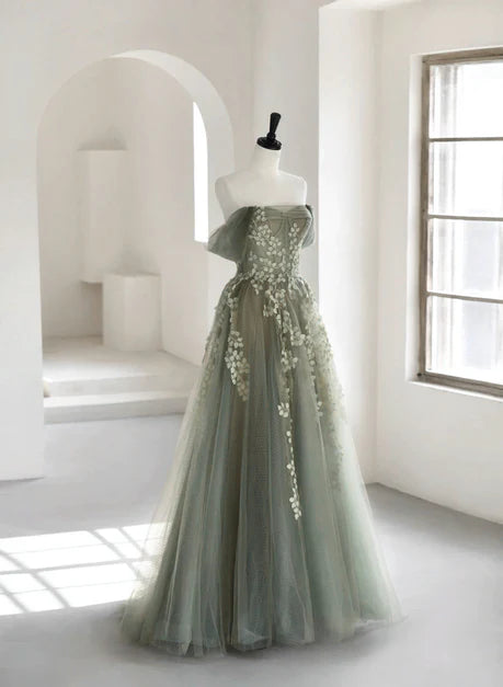 Romantic light green A-line backless long party dress, sheer off shoulder sleeveless princess evening dress