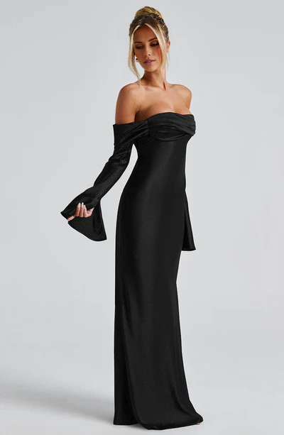 Off shoulder collar flared long sleeved and floor length Prom dress