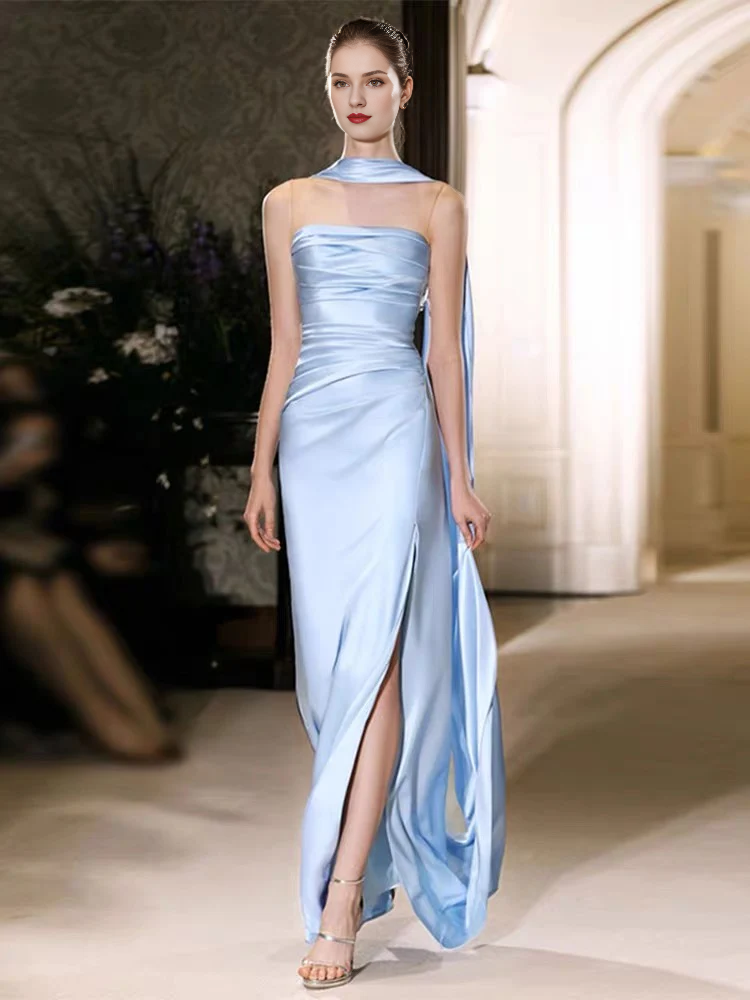 Blue slit formal tight long gown evening dresses