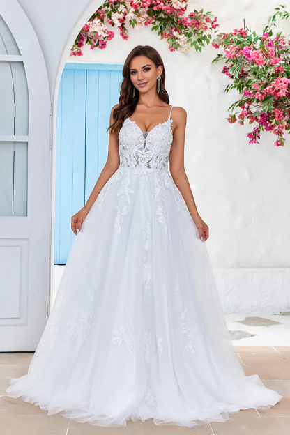 A-line chiffon cross shoulder strap back wedding dress