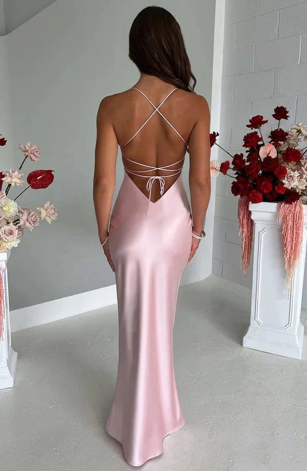 Hanging neck pink ball gown tight satin gown evening dresses