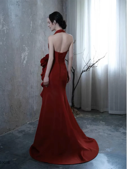 Hanging neck wine red slit fish tail long gown evening dresses