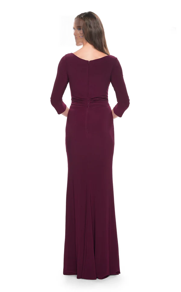 V-neck long sleeves 3/4 sleeves floor-length evening dress