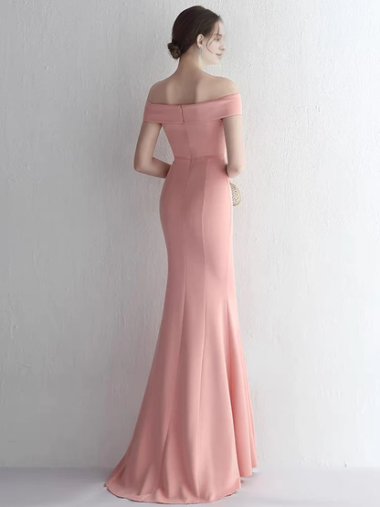 Off the shoulder pink fish tail long formal gown evening dresses