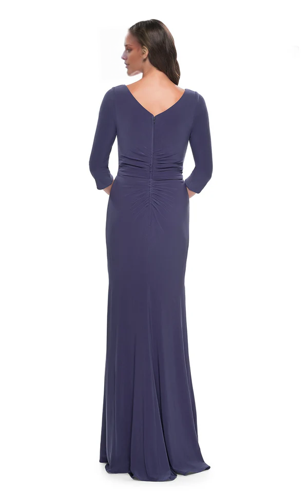 Scoop neckline long sleeve corset floor length evening dress