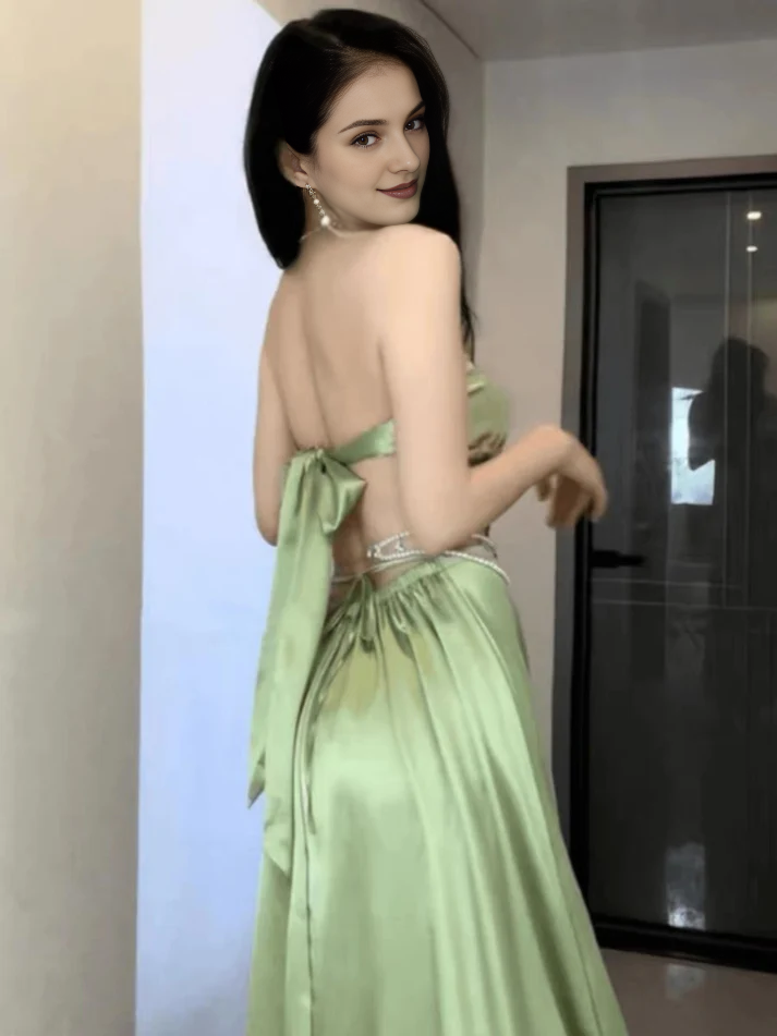 Strapless A-line green satin long gown evening dresses