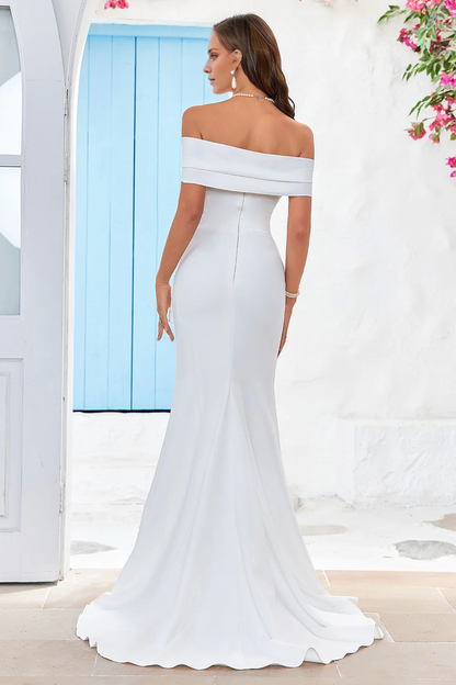 Tail tail off shoulder satin slit and floor length wedding dress