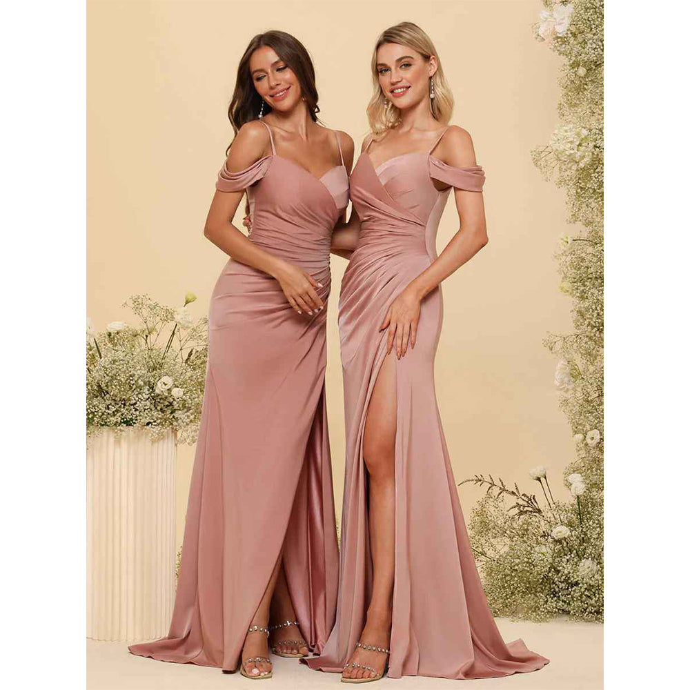 Sheath/Column Off-The-Shoulder Spaghetti Straps Long Formal Dresses With Split Side