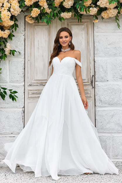 A-line lace shoulder sweeping trailing chiffon wedding dress