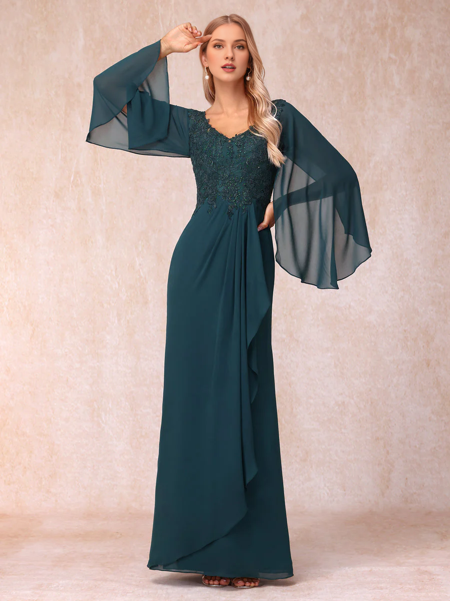 Tight sequined cylindrical V-neck long sleeved and floor length evening gowns