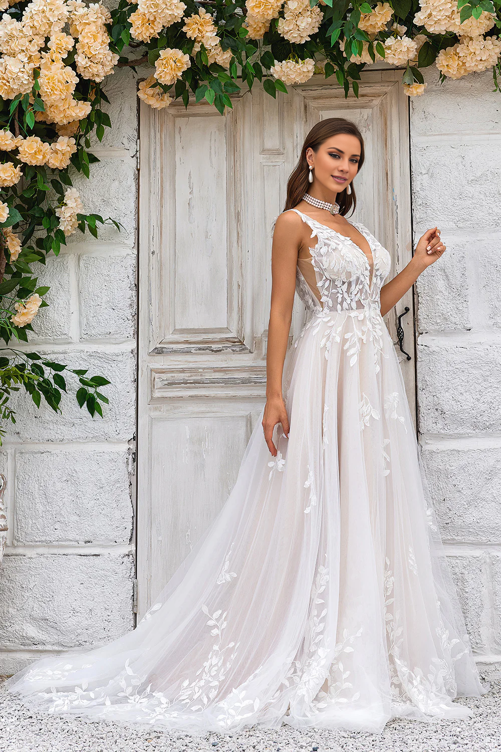 A-line collar lace chiffon trailing wedding dress