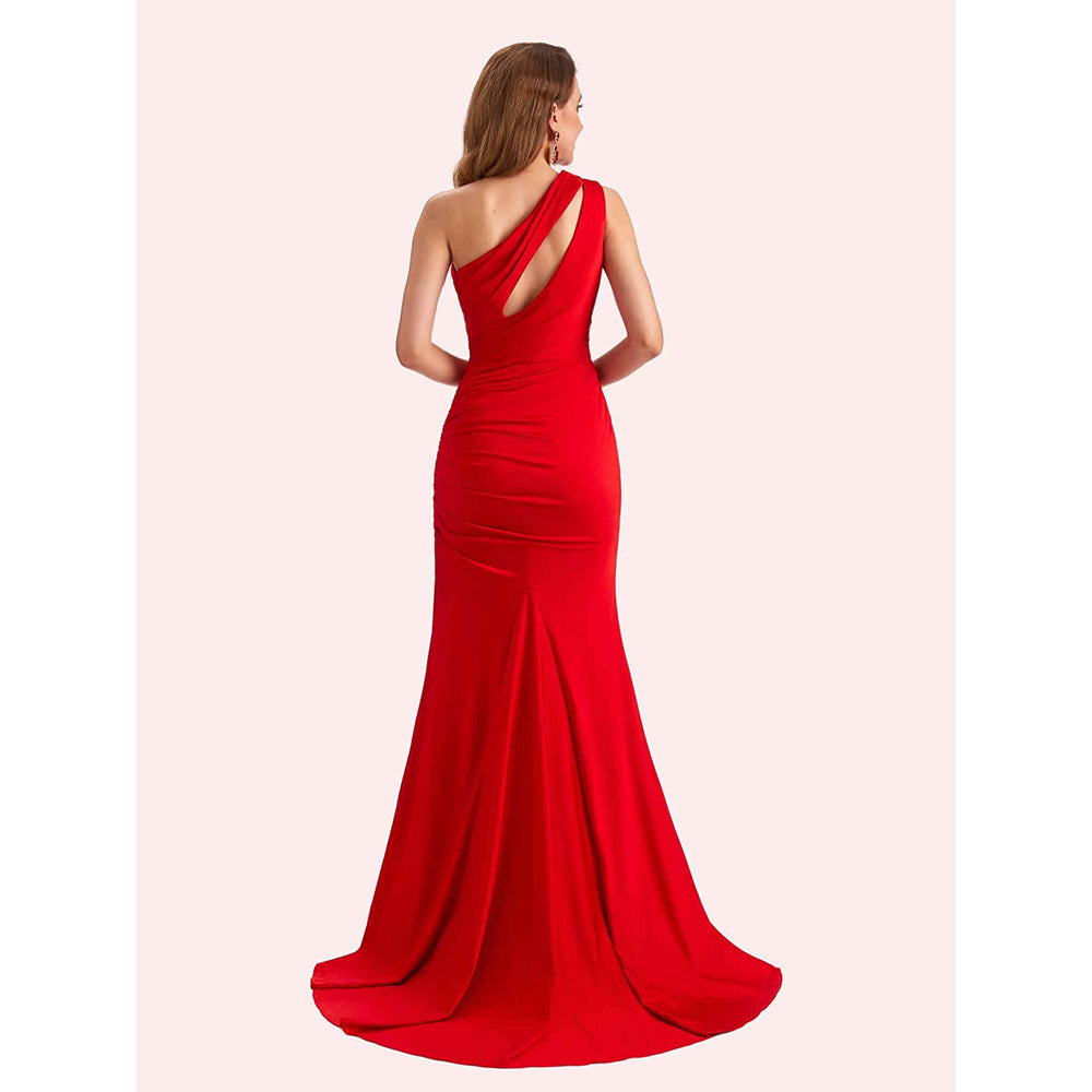 Sexy One Shoulder Side Slit Stretch Jersey Long Mermaid Bridesmaid Dresses Online