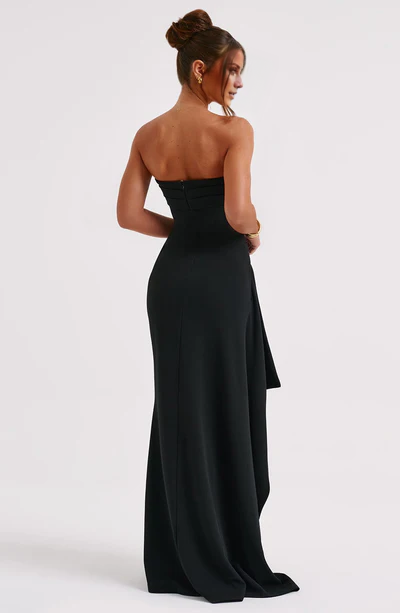 Off shoulder collar with crepe fabric draped ruffle edges and floor length Prom dress