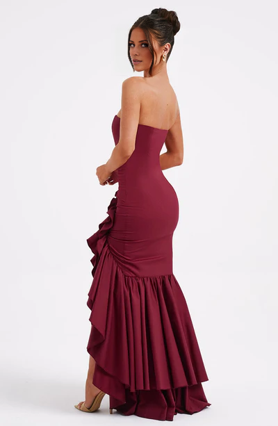 Strapless backless side split ruffle edge and floor length Prom dress