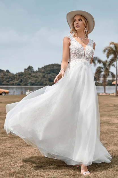 A-link V-neck lace chiffon palace trailing wedding dress