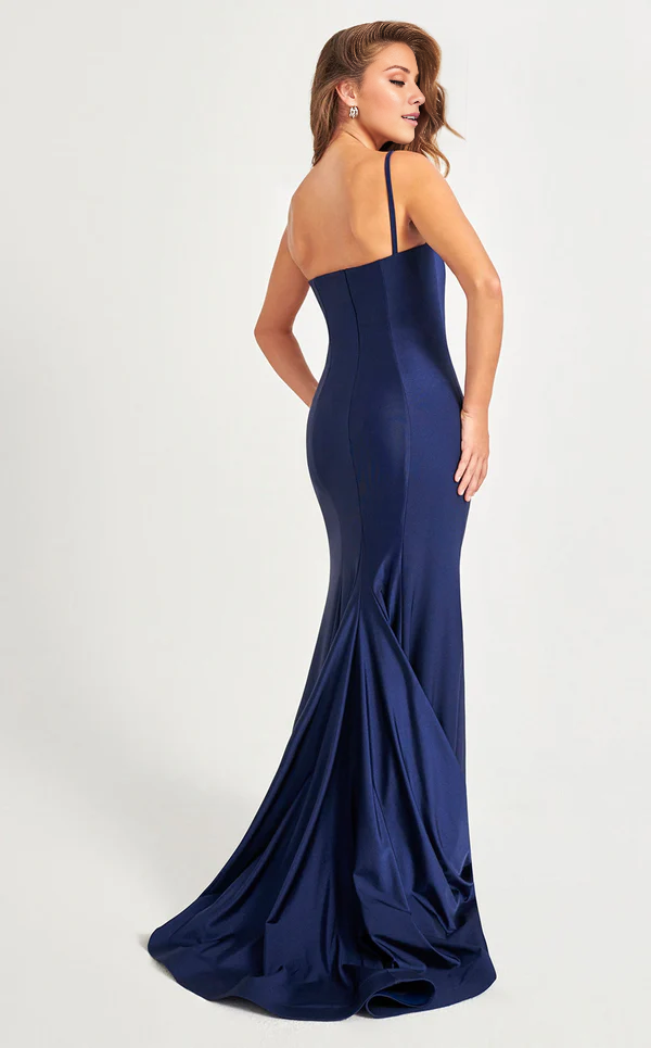 Asymmetric neckline satin side slit floor length evening gown