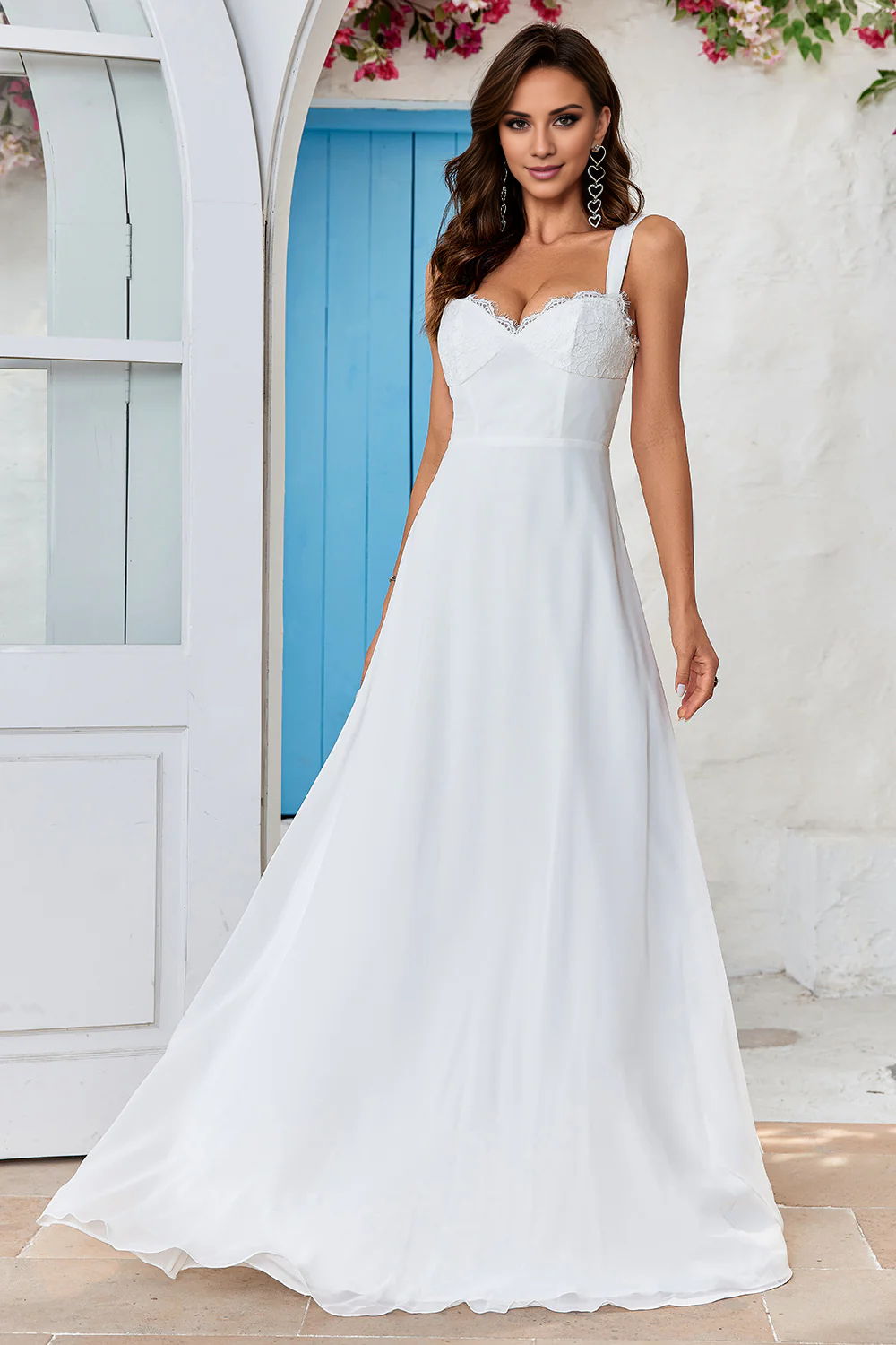 A-line lace low round neck chiffon bohemian style wedding dress