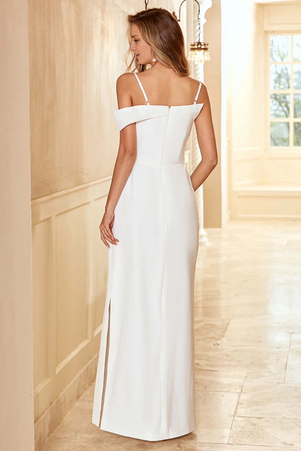 Tight fitting thin shoulder strap satin slit length and floor length wedding dress