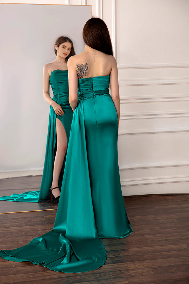 Green strapless side slit and floor length evening gown