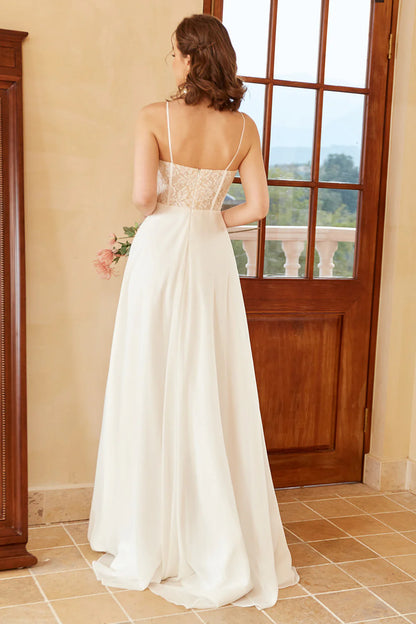 Beautiful A-line thin shoulder strap and floor length wedding dress