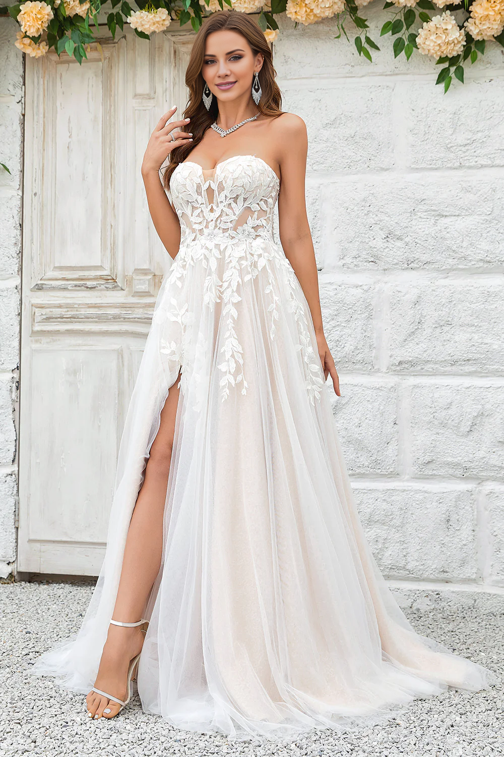 A Line detachable shoulder lace chiffon wedding dress