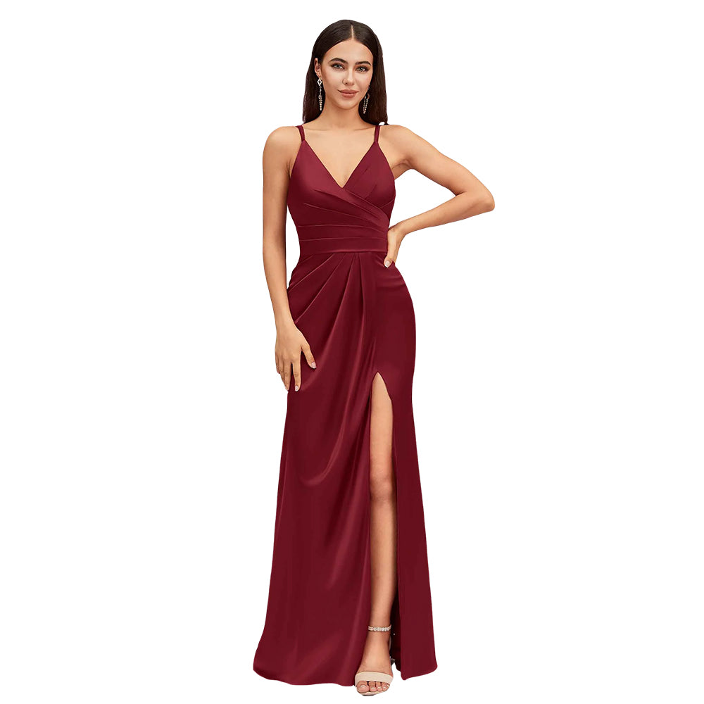 Sexy Spaghetti Straps V-Neck Long Silky Soft Satin Bridesmaid Dresses With Slit