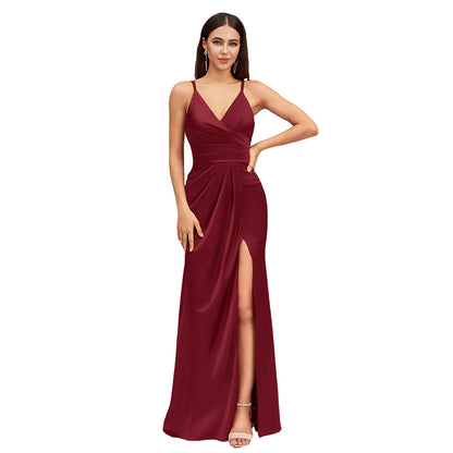 Sexy Spaghetti Straps V-Neck Long Silky Soft Satin Bridesmaid Dresses With Slit