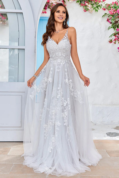 A-link V-neck lace chiffon palace trailing wedding dress