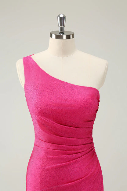 Unique pink one shoulder pleated short tight back to school dress