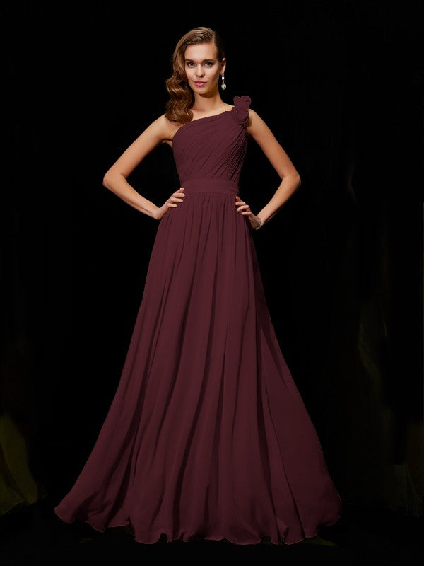 A-Line/Princess One-Shoulder Sleeveless Hand-Made Flower Long Chiffon Bridesmaid Dresses